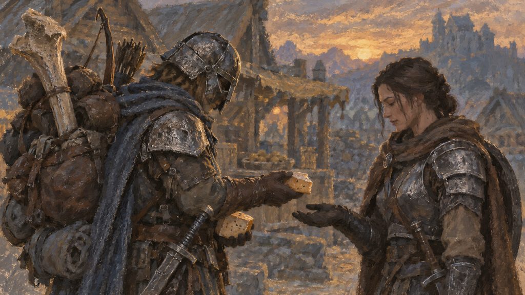 夕暮れに、荷物を背負った戦士が仲間にチーズのかけらを渡す姿